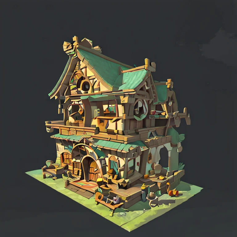 Isometric view of an old witch's house, in the style of game art style, with a purple roof and green window frames, small pumpkins around the door, cute cartoon character design, simple black background, 3D Blender render, low-poly, game asset, ArtStation