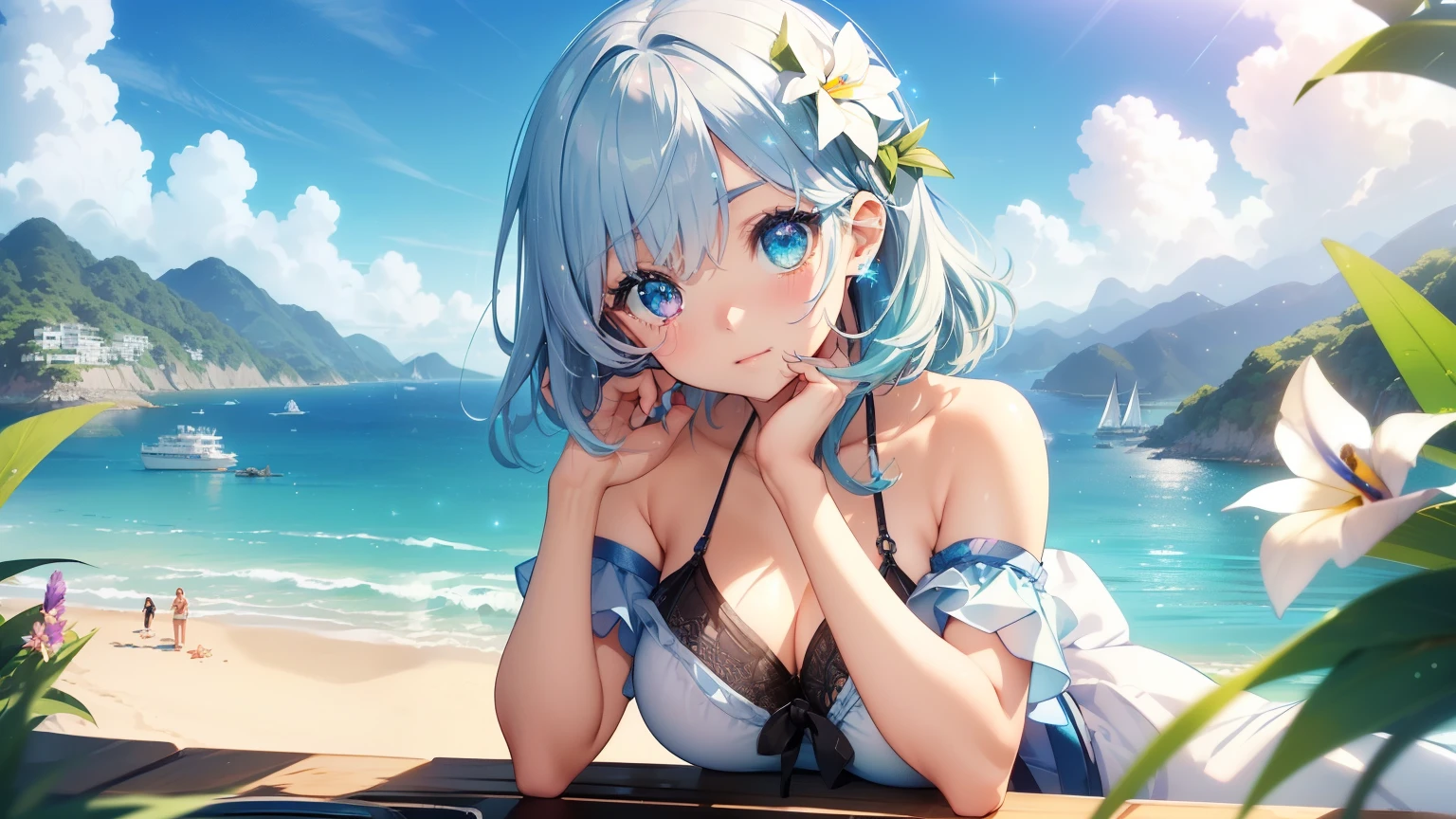 Best quality、Photorealistic、Ultra-detailed、delicate、Orderly、High Detail、Bluish Silver Short Bob、(Drooping heterochromia iris,glowing eyes、Sparkling Eyes:1.5)、Slender、(One girl:1.2)、(Reveal bikini,Colorful flowers、Beautiful sea、The ocean as far as the eye can see、Summer sky、To the Cloud、Beach、Gazing at the Horizon、Islands in the Seto Inland Sea々、nostalgia hobby、nostalgia :1.3)、Ambient Occlusion、Ambient Light、Ray-traced Reflections、Glow、Shiny Hair、
