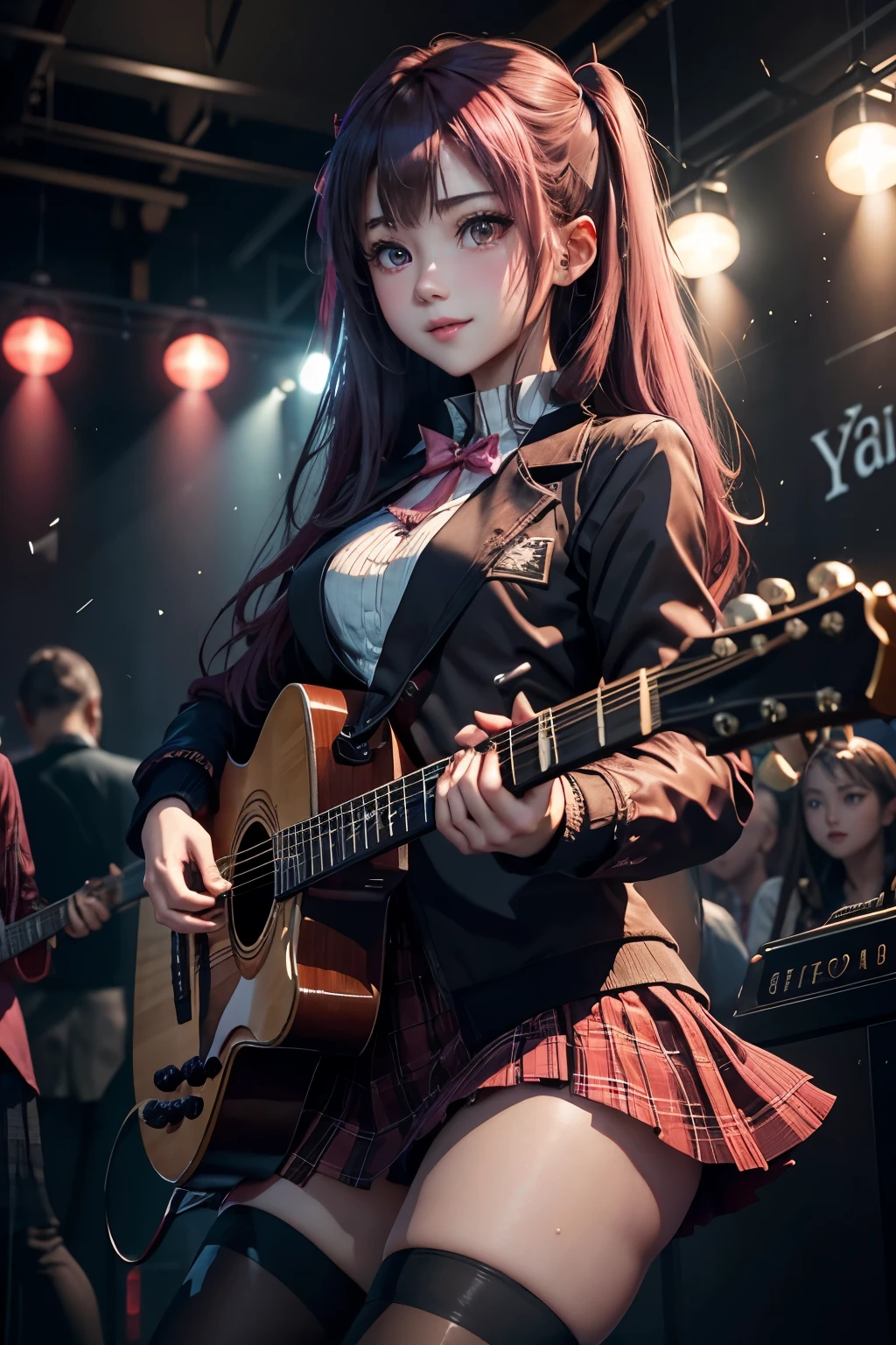 High school girl blazer、uniform、Red checked knee-length skirt、Long skirt、JK Style、Jacket、smile、Knee-high socks、Thigh-high socks、pantyhose、Extremely beautiful、Super cute、ennui、Rare Beauty、Twin tail hair、Dark black eyeshadow、sad、Skin radiance、Long Hair Straightener、Dark Gothic Makeup、Dark Smile、Fragrant beauty、Stained glass background、masterpiece、Highest quality、See 5 books、Sweat glistening on my chest、Sweat glistening on the face、Small breasts、Dark pink hair、22 years old、Slightly slim、Mysterious look、Sad look、Pink Hair、Mysterious Gothic Church、enchanting castle、Excessive sweating all over the body、Thighsに大量の汗と光、光沢のあるThighs、Thighs、Thighsに大量の汗が光る、sweat profusely、Gal、Small breasts、Japanese face、Captivating look、細いThighs、play the guitar、I have a guitar、Enthusiastic singing、バンドでplay the guitar、Playing guitar chords、Background of the live music venue、Sing a song、Open your mouth、Scenery of a live music venue、Mike stand、Glamorous live stage、Dynamic Angles、Vivid straight long hair、