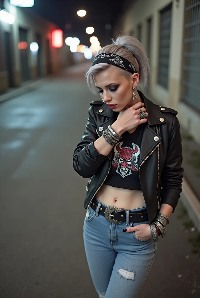 russian milf woman, biker gang member, grey hair (pompadour with shaved sides) with bandana headband, with very light blue eyes, extremely pale, heavy eye shadows. Thin. Sad, humbled face, smeared excessive make up and smeared lipstick Wearing black moto jacket, cropped t-shirt with devil logo, skinny blue jeans and black cowboy boots . Lots of metallic bracelets. Tacky leather belt with oversized, excessive silver buckle. One hand in her neck, the other in one pocket.  Lots of rings. Wide loop earrings. Looks down like talking to God, mouth and eyes open. Bites her lip
