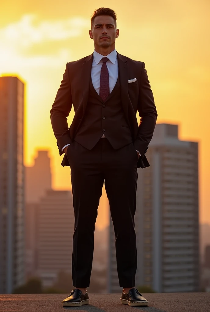 Create a strong man, muscular with suit, necktie, black pants and espadrilles