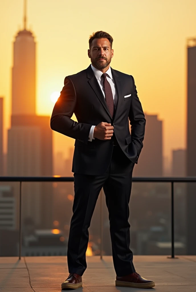 Create a strong man, muscular with suit, necktie, black pants and espadrilles