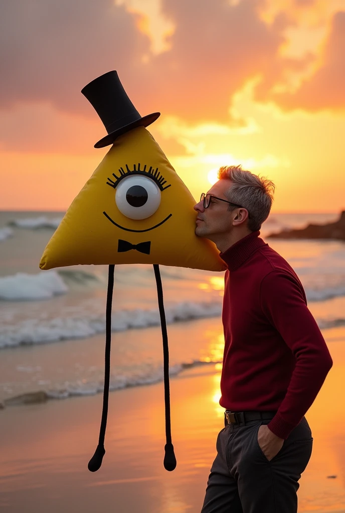 a realistic image of a floating Two-dimensional  yellow triangle with a giant eye with a black iris , that eye is in the middle of his body  And has eyelashes, This character does not have a mouth, but it does have two thin arms and two legs like spaghetti that are black, The triangle is wearing a long black top hat and A black bow tie under his eye. This character will be receiving a kiss on the cheek from a  handsome man with gray hair, black plastic glasses, a kind of red turtleneck, and dark pants. The background will be a sunset on the beach. The main characters will be centered in the image very close to the camera. 