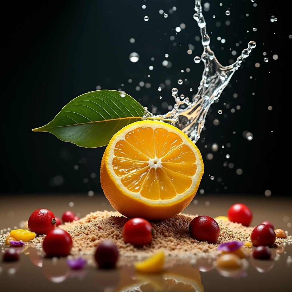 Water , with bergamot cut in half in the air red berries with sand ,
in a dark environment, with jasmine and patchouli flowers