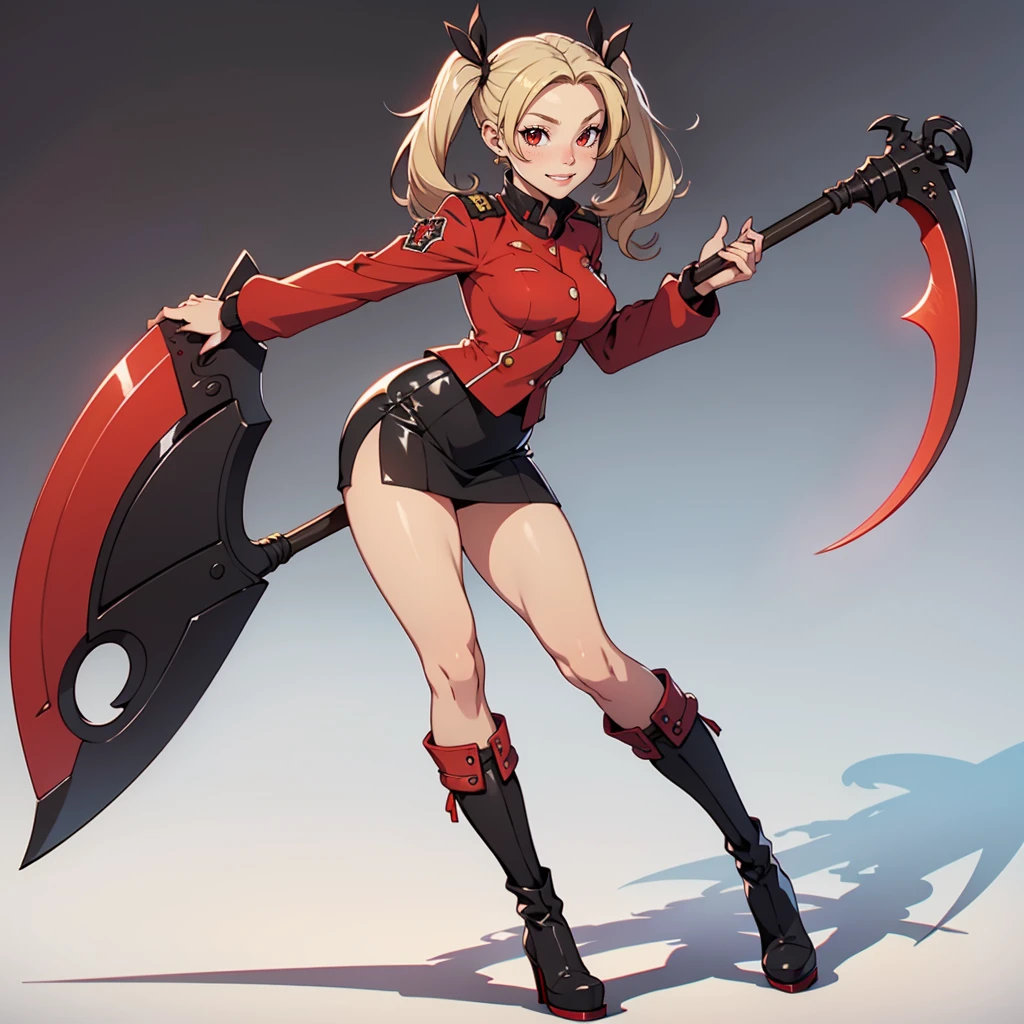 Very detailed, smiling facial expression, cute face, figure, full body view, small breasts, blonde hair with twintails, red eyes, looking at viewer, black and red uniform, skirt, black boots, holding scythe, sexy pose.