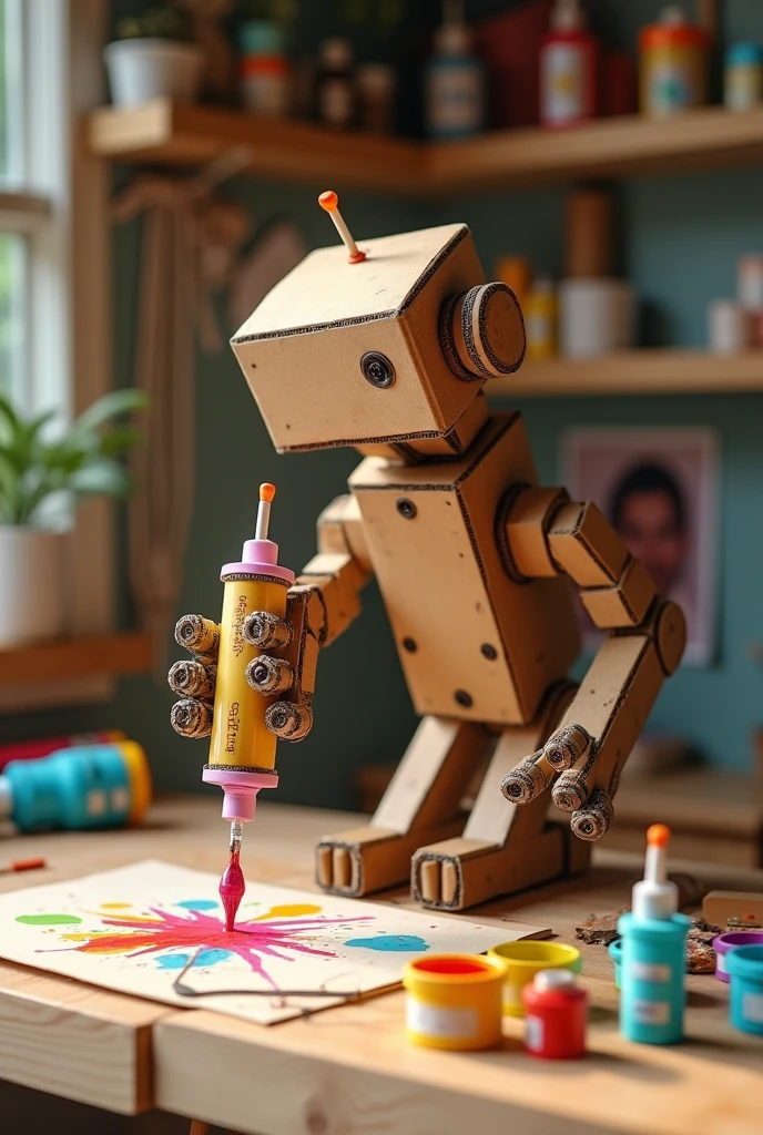 Image of a hydraulic arm with syringes made by hand with cardboard at home
