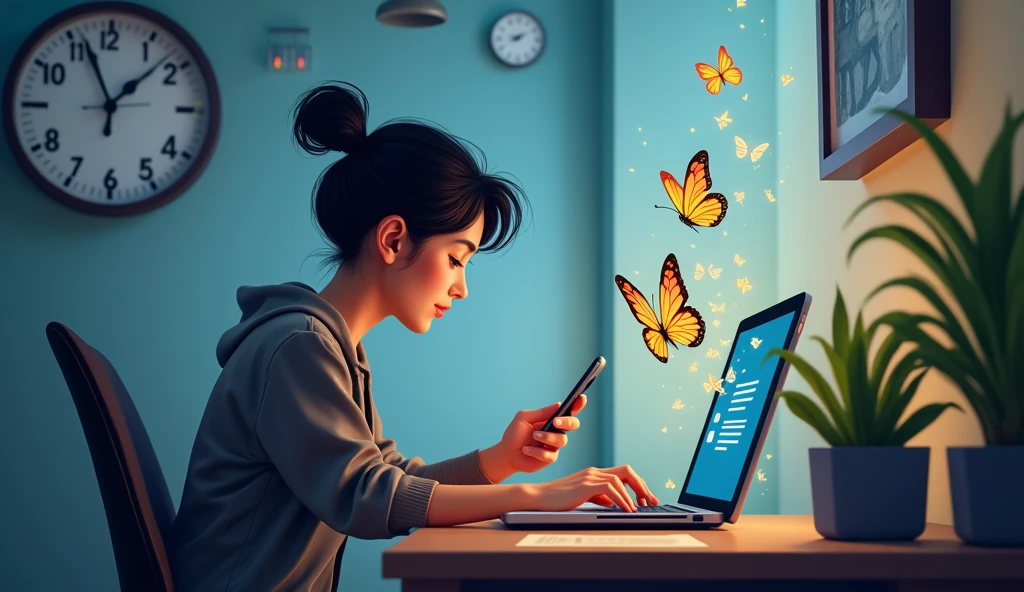 Immersed in routines, physical signs: A busy person, surrounded by modern distractions (phone, clock, work), while a small sign, like a butterfly or a light, tries to get their attention.