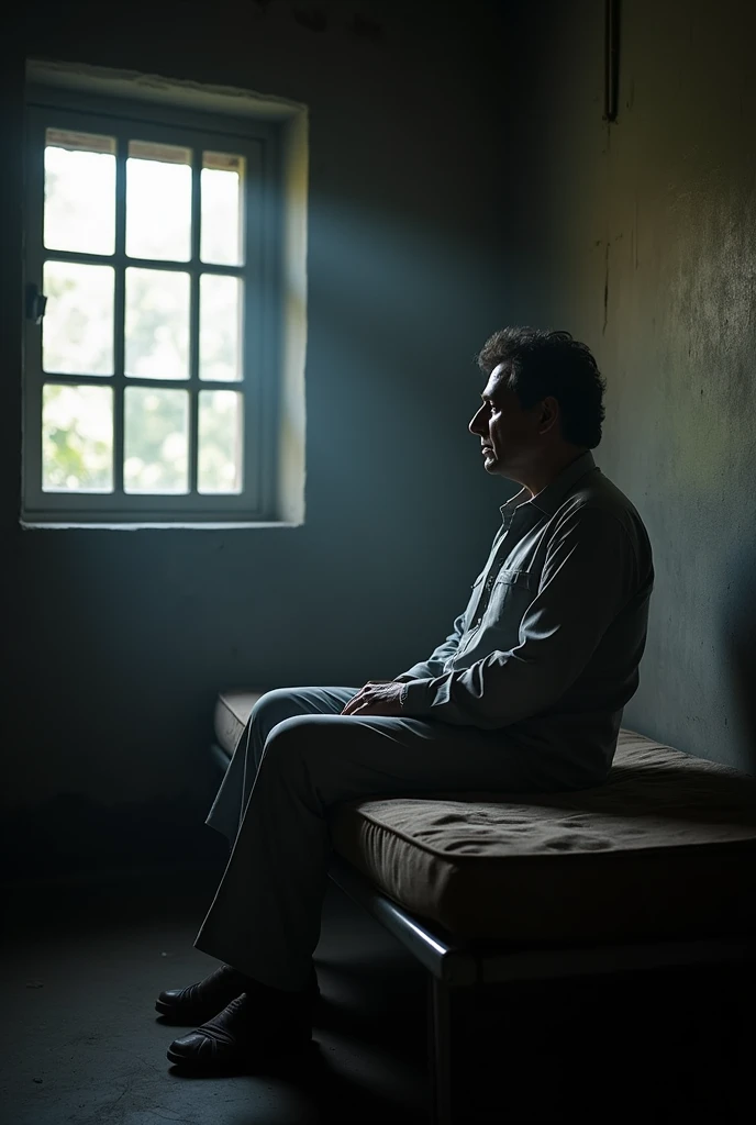 Imran Khan the last PM in pakistan in a prison cell, wearing a prison uniform, looking contemplative. The cell is dimly lit with basic furnishings, including a small bed and a barred window."

