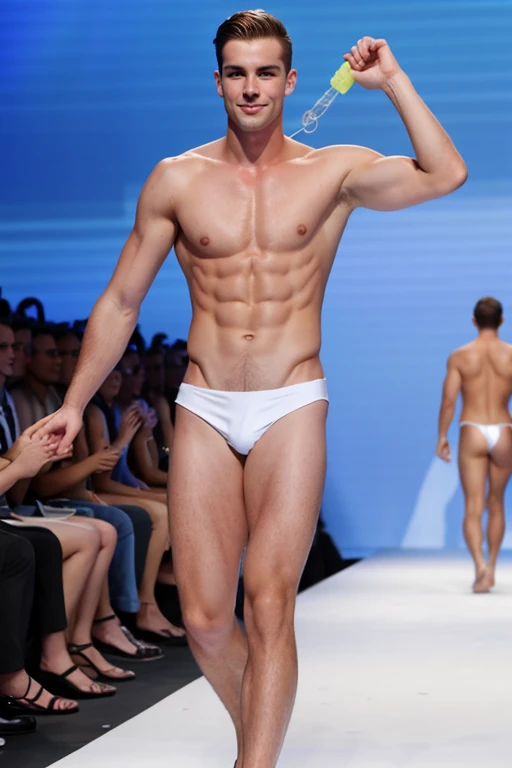 Handsome young man with a thin, white, beautiful, smooth-skinned face, shirtless in a swimsuit on a male runway, the audience applauds and celebrates with bubble guns. Tall white man.