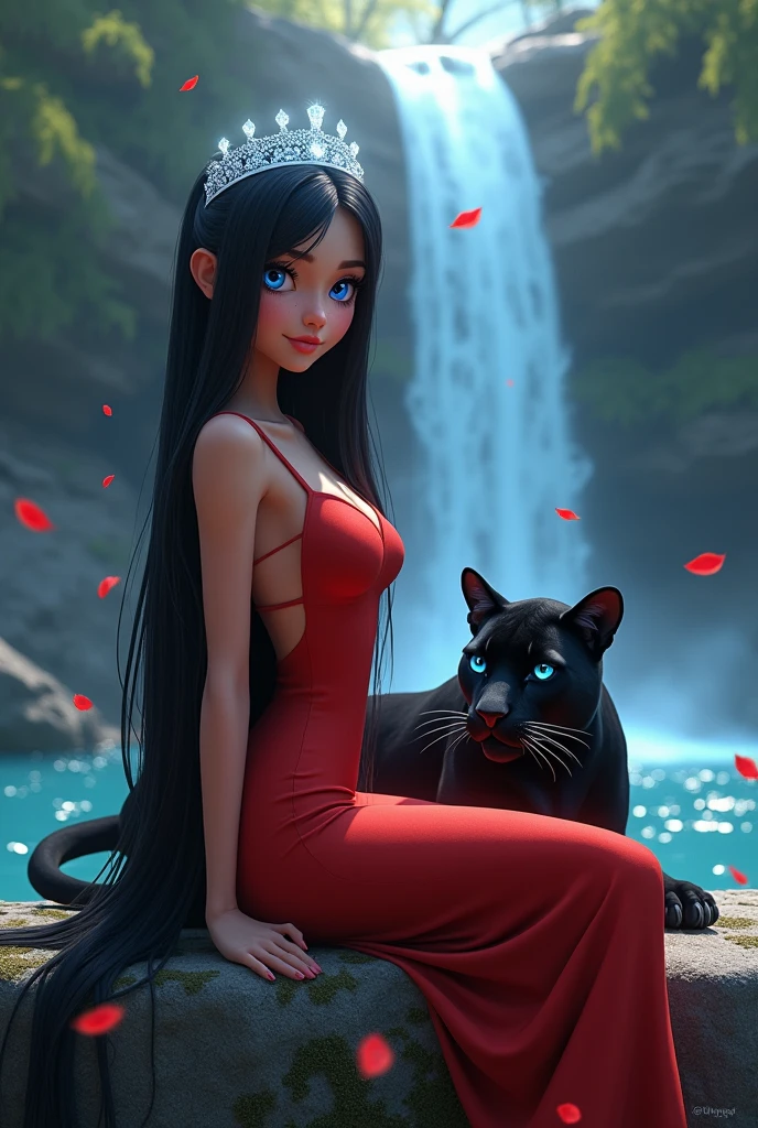 a beautiful woman with long, straight, jet-black hair, intense blue eyes, dressed in a tight red dress, Sitting on a stone with a beautiful waterfall in the background. Rose petals fall, She's with a black panther with blue eyes. She wears a diamond crown, with mist and white glow. profile picture. animated digital art