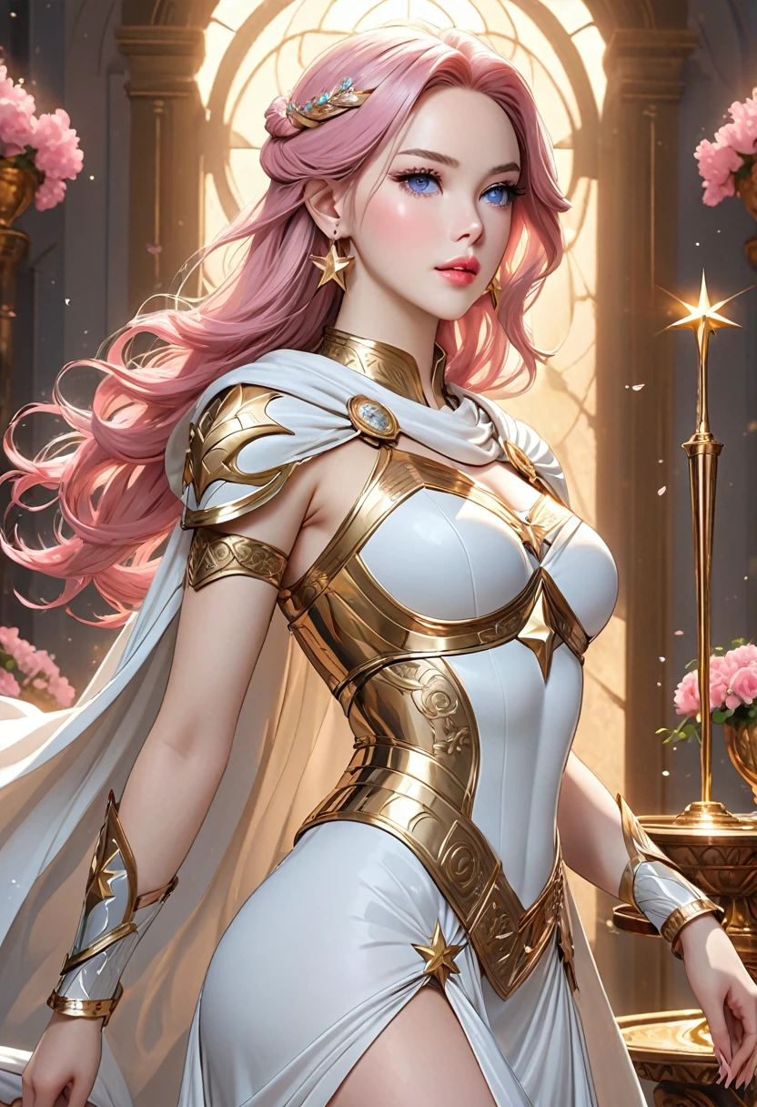 ((best quality)), ((artwork)), ((extremely detailed face)), ((perfect lighting)), ((extremely detailed CG)), ((perfect hands, perfect anatomy)), Appearance= Tall, slender, voluptuous figure, pale skin, youthful, ravishingly beautiful, narrow waist, curvaceous butt, refined features, high forehead, busty, full lips; sapphire eyes; very long, flowing pink hair
Personality= Selfish, pompous, spoiled
Occupation= Dawnstar, Princess Starfall
Reputation= The most beautiful woman in the world]

[Clothing= Cape, sleeveless white dress greek style, gauntlet, plate armor, ring, a pair of large golden star earrings, spear of asgard]