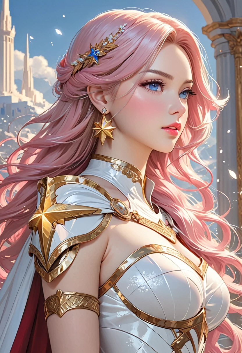 ((best quality)), ((artwork)), ((extremely detailed face)), ((perfect lighting)), ((extremely detailed CG)), ((perfect hands, perfect anatomy)), Appearance= Tall, slender, voluptuous figure, pale skin, youthful, ravishingly beautiful, narrow waist, curvaceous butt, refined features, high forehead, busty, full lips; sapphire eyes; very long, flowing pink hair
Personality= Selfish, pompous, spoiled
Occupation= Dawnstar, Princess Starfall
Reputation= The most beautiful woman in the world]

[Clothing= Cape, sleeveless white dress greek style, gauntlet, plate armor, ring, a pair of large golden star earrings, spear of asgard]