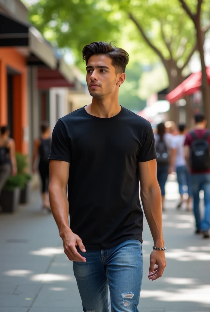 Realistic photo of a 20-year-old Latino man walking
