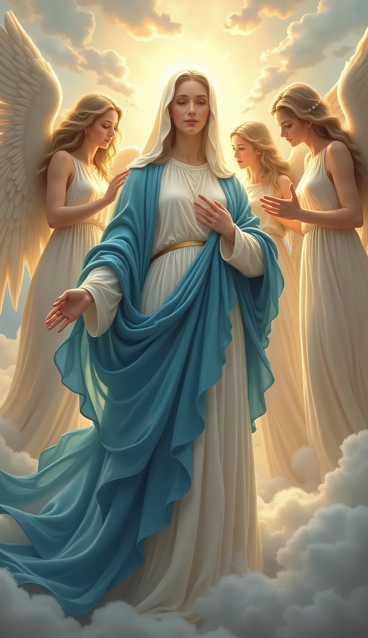The Virgin Mary and beautiful adult female angels, whole body