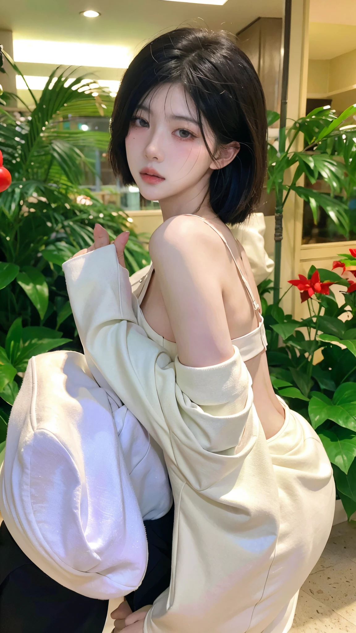 Beautiful woman with perfect figure:1.4、Supermarket background,、Big breasts big breasts,Touching butt with both hands、Snow background、Layered Hairstyle、Fair skin、Cleavage highlights、Pleated Skirt、whole body、The face and skin texture are very fine.、black,Double eyelids、Skin Whitening、White hair