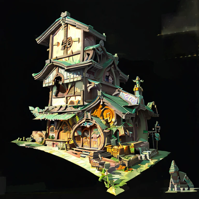 Isometric view of an old witch's house, in the style of game art style, with a purple roof and green window frames, small pumpkins around the door, cute cartoon character design, simple black background, 3D Blender render, low-poly, game asset, ArtStation