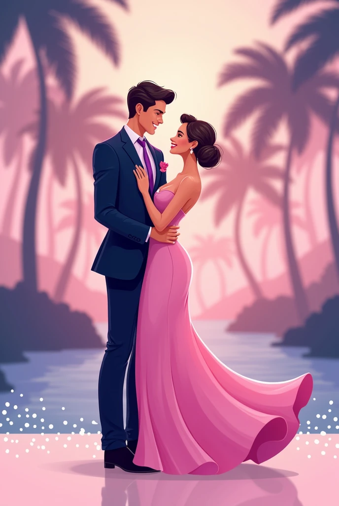 I need a drawing of a couple in cocktail attire, To give a dress code reference. The drawing should be minimalist and Disney style. The color palette can be pink and purple