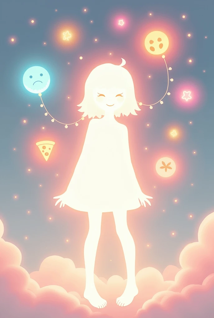 "Design an image minimalist that captures the moment when the character 22 from Soul discovers the beauty of life. Show 22 in her soul form, experiencing small, everyday moments for the first time, like tasting pizza, feeling the wind, and watching the sun set. Each of these experiences should be represented as glowing orbs floating around her. Use a whimsical and light color palette with soft pastels and gentle gradients to highlight the innocence and wonder of these moments."
