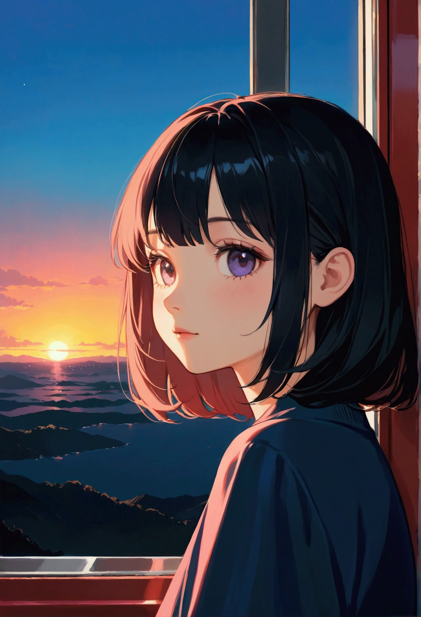 anime girl sitting on a train looking out the window, beautiful anime portrait, lofi portrait at a window, beautiful anime girl, lofi portrait, lofi girl, portrait anime girl, artwork in the style of guweiz, high quality portrait, with sunset, attractive anime girl, cute anime girl, realistic cute girl painting, anime style. 8k