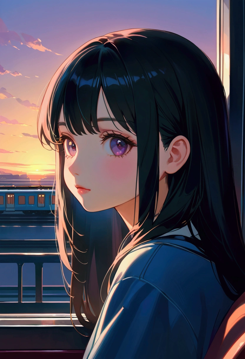 anime girl sitting on a train looking out the window, beautiful anime portrait, lofi portrait at a window, beautiful anime girl, lofi portrait, lofi girl, portrait anime girl, artwork in the style of guweiz, high quality portrait, with sunset, attractive anime girl, cute anime girl, realistic cute girl painting, anime style. 8k