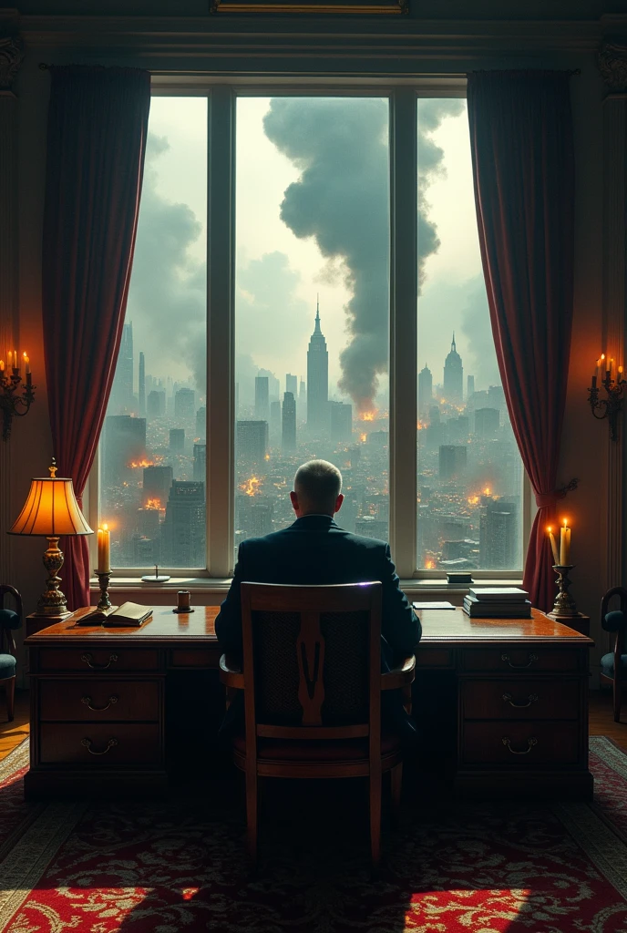 Dictator watching his country being destroyed