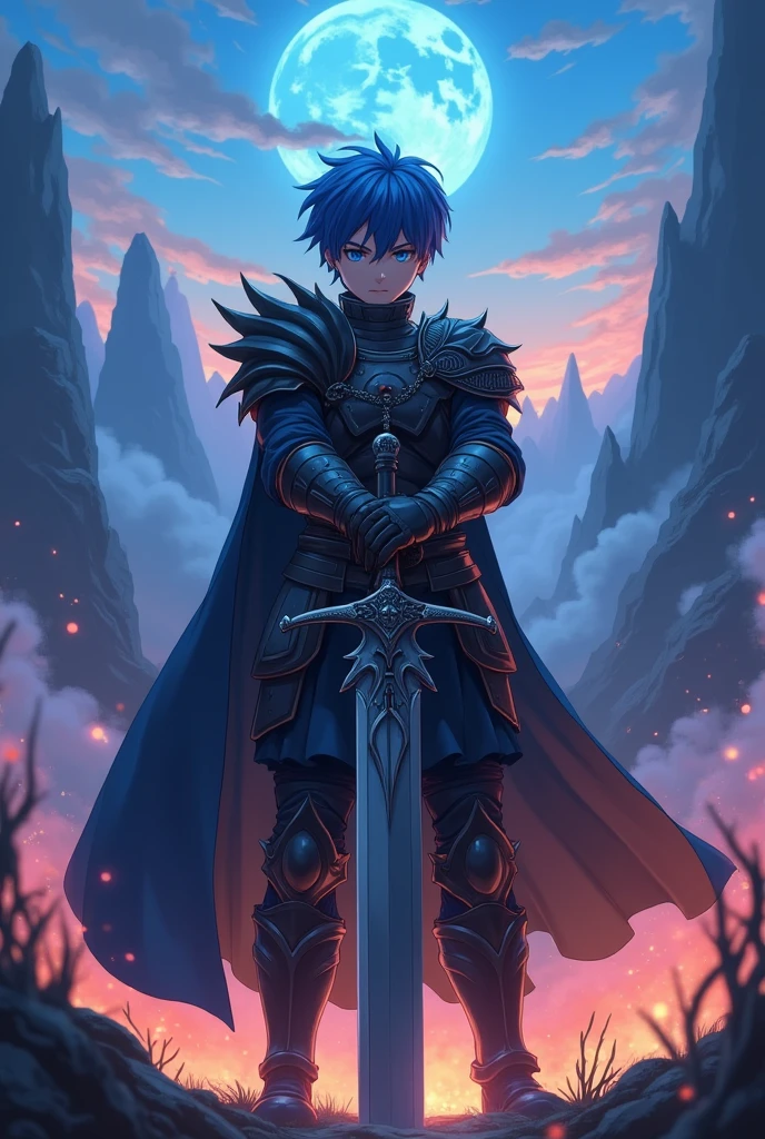 Anime young man, short hair, 1.80 meters tall, 19 years old, with big greatsword, blue hair, blue eyes and dark-black armor.
