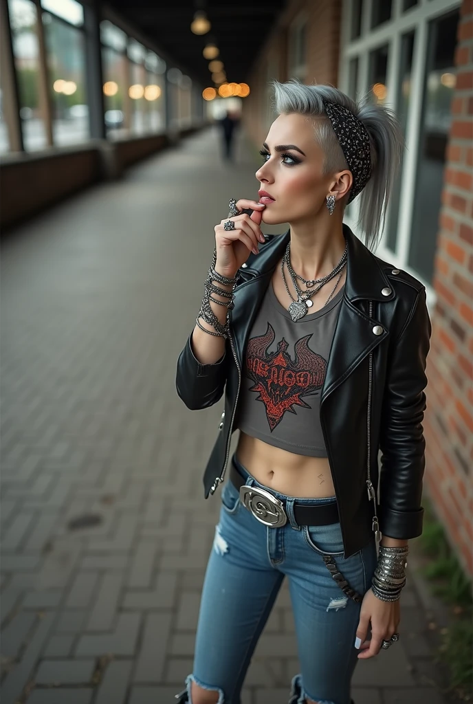russian milf woman, biker gang member, grey hair (pompadour with shaved sides) with bandana headband, with very light blue eyes, extremely pale, heavy eye shadows. Thin. Sad, humbled face, smeared excessive make up and smeared lipstick Wearing black moto jacket, cropped t-shirt with devil logo, skinny blue jeans and black cowboy boots . Lots of metallic bracelets. Tacky leather belt with oversized, excessive silver buckle. One hand in her neck, the other in one pocket.  Lots of rings. Wide loop earrings. Looks down like talking to God, mouth and eyes open. Bites her lip
