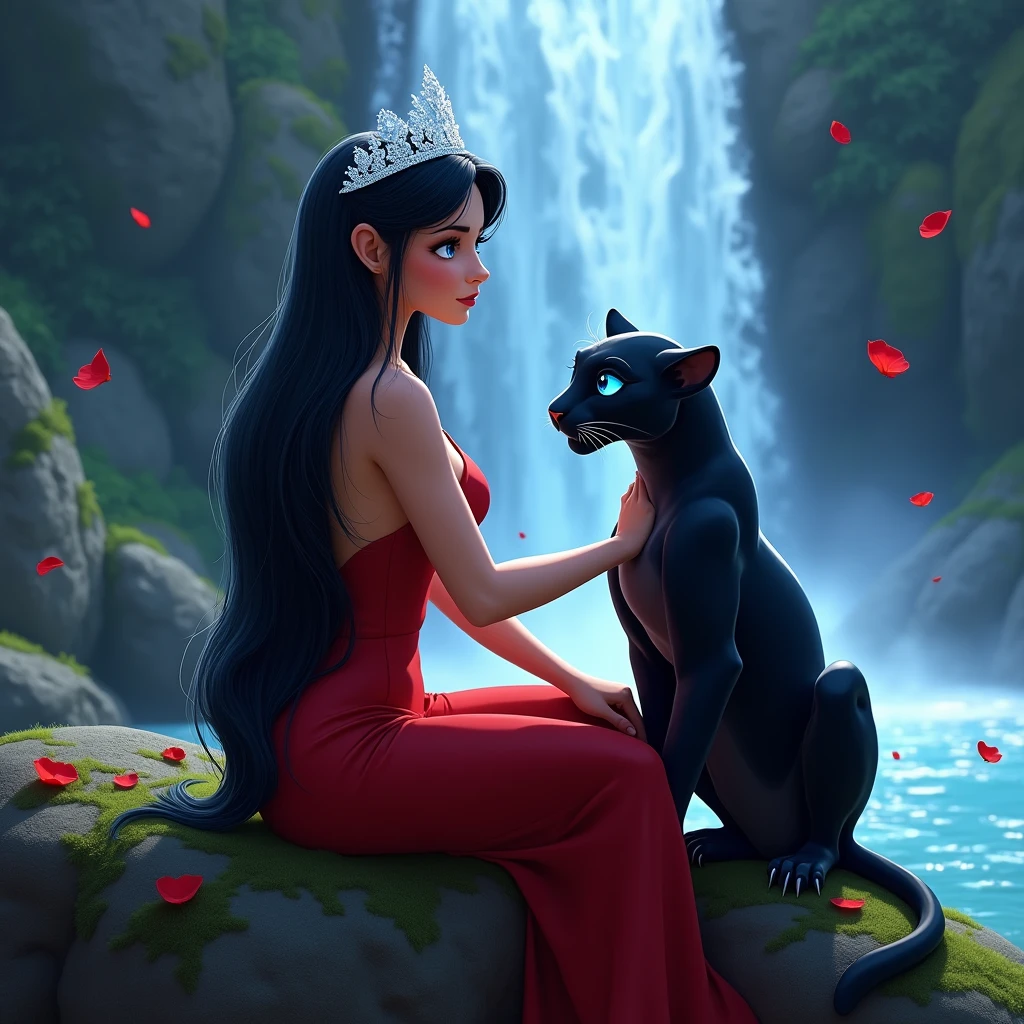 a beautiful woman with long, straight, jet-black hair, intense blue eyes, dressed in a tight red dress, Sitting on a stone with a beautiful waterfall in the background. Rose petals fall, She's with a black panther with blue eyes. She wears a diamond crown, with mist and white glow. profile picture. animated digital art