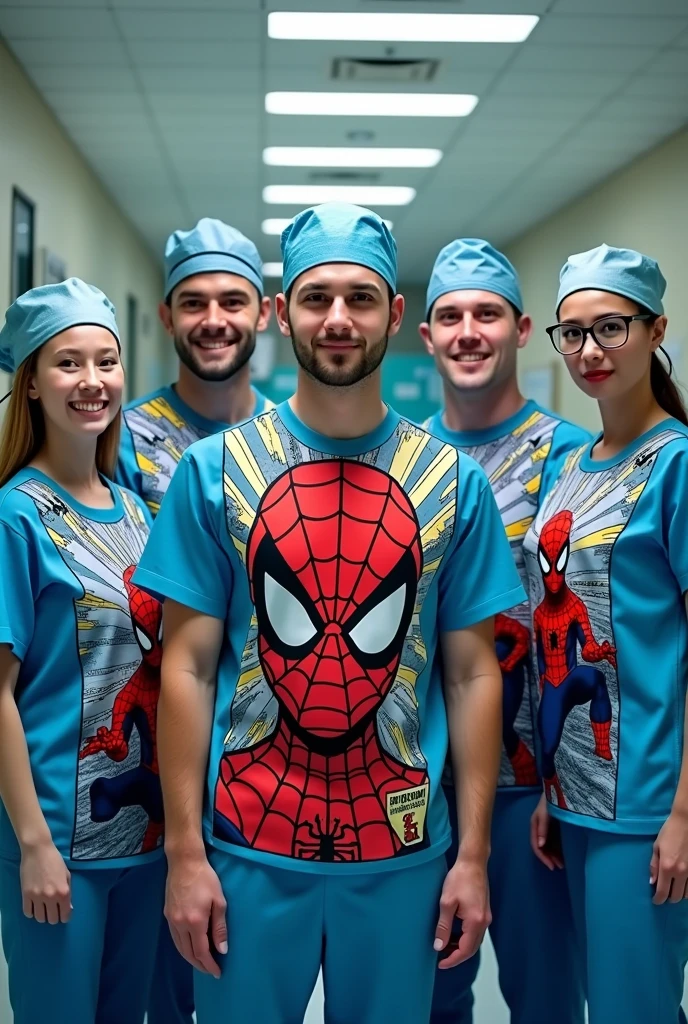 Matching surgical caps with a Spiderman movie style