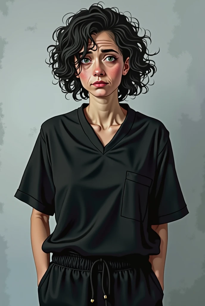 middle aged female patient, black curly hair, wrinkles on face, looks miserable due to overuse of medicine, black blouse, black jogging pants, tired emotion, standing, focus on face and upper torso, (((transparent background))), anime style