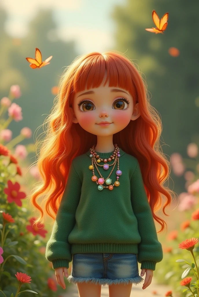 A young girl, with white skin, long, red hair with bangs, she wears a green sweater and a short denim skirt. she has chubby cheeks and wears many crystal necklaces