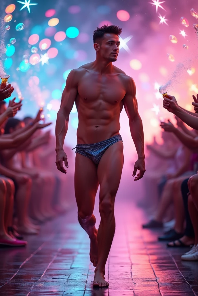 Handsome young man with a thin, white, beautiful, smooth-skinned face, shirtless in a swimsuit on a male runway, the audience applauds and celebrates with bubble guns. Tall white man.