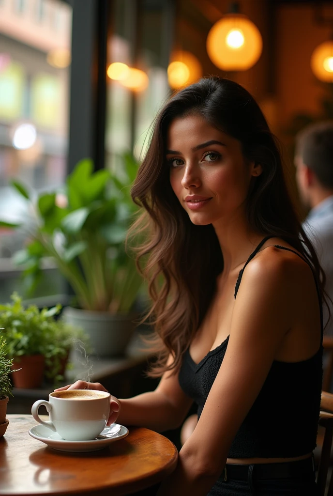 (foreground) very detailed photograph of an Italian, Detailed coffee shop background, (with black hair), (dark eyes) (Symmetrical beautiful face) beautiful and clearly defined nose, (well defined and angular jaw), proportional and full lips, stunning realistic photos, realistic soft color, octane number, confusingly detailed, sharp focus, Stunning full color, shot on dslr, permission 32k, Best quality, (focus on skin texture)