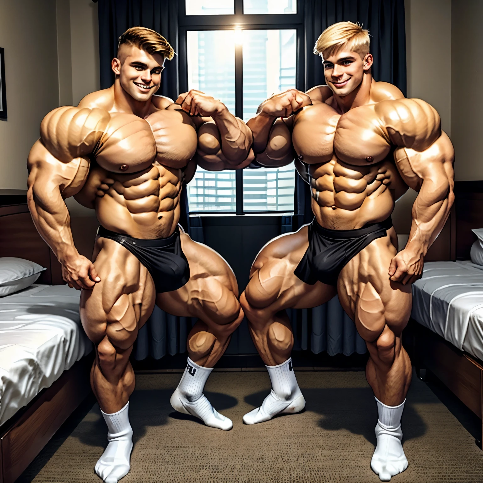 full view full body, two white handsome young european over-muscular men in SWAT uniforms and black socks, no shoes, with clean shaved undercut haircuts (one is blonde, the second one is light-brown haired), playing fighting in their black socks, looking happy, in a motel room, their socks must be seen