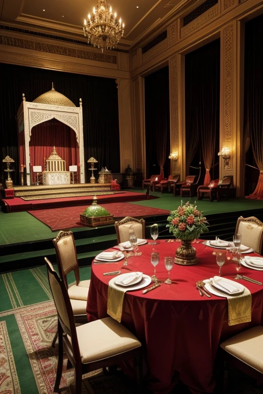 Create a stage decoration for an Indian event at the Taj Mahal palace, where there will also be tables for people to eat while watching the shows celebrating Lord Ganesha in red colors., golden and green luxurious realistic