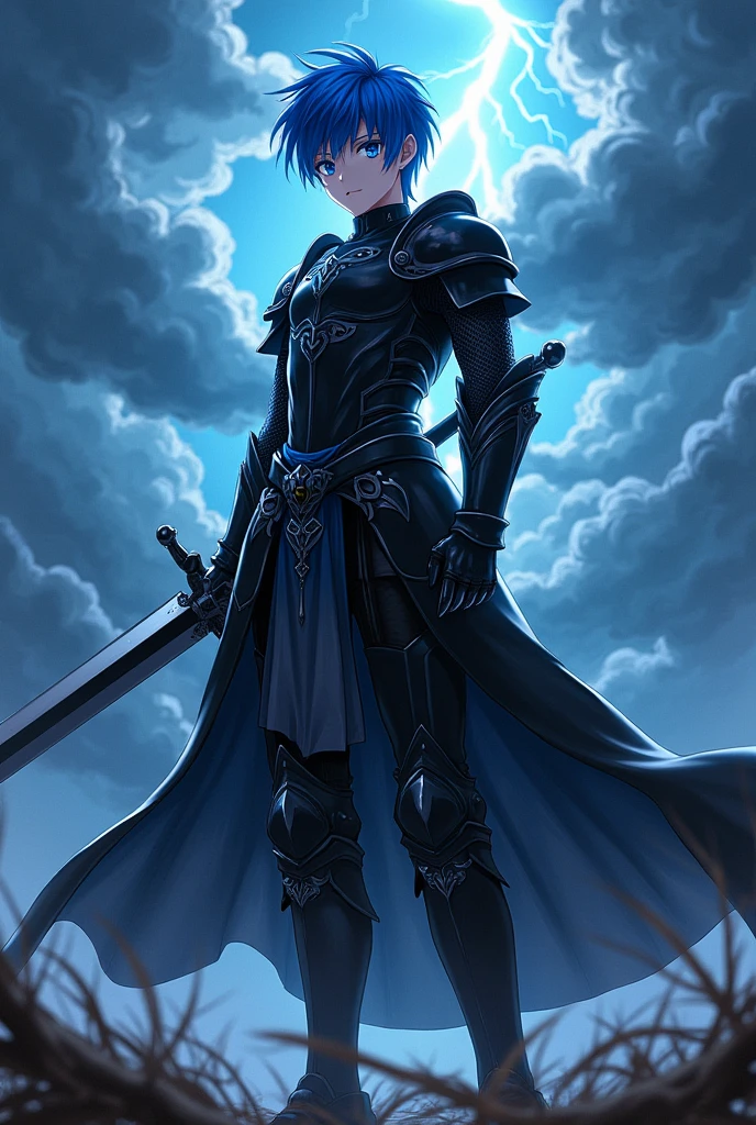 Anime young man, short hair, 1.80 meters tall, 19 years old, with big greatsword, blue hair, blue eyes and dark-black armor.