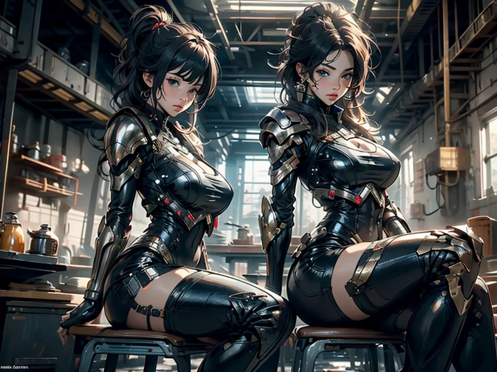 ((full body):1.5) (({1/woman}):1.2). Only {1/woman}: ((Wearing black mecha with golden parts, extremely tight on the body):1.3). Only {1/woman} has ((very short blue hair with braids, green eyes):1.2). Only {1/woman} ((extremely large breasts):1.2) Only {1/woman}: ((doing sensual poses for the standing viewer)). In a futuristic city completely destroyed with fire in the buildings and ((1 dino saurus tyrannosaurus rex mechá white with various mechanical parts):1.2) of only {1/woman}. anime, anime style, 16k, ((high quality, high details):1.3), UHD, masterpiece