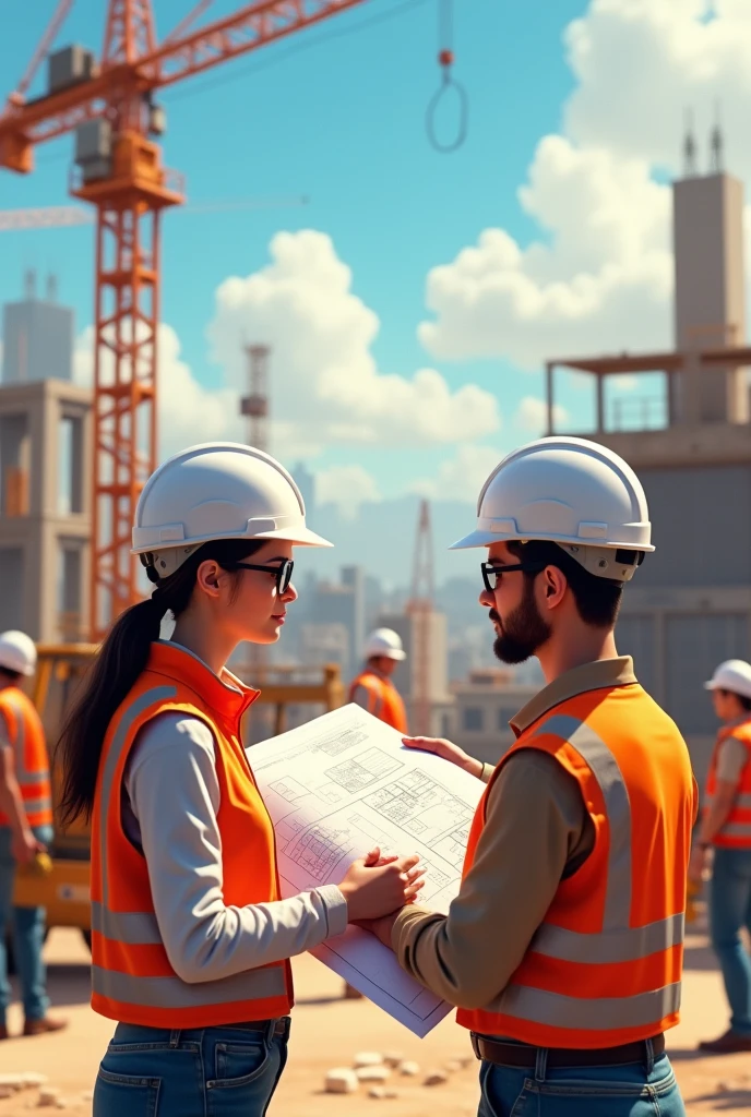 man and woman with white helmets and black glasses reading construction plans, in a background construction scene with several workers, animated and realistic style