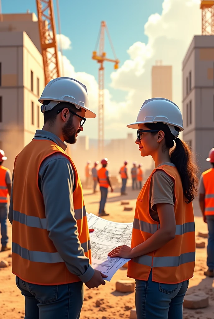 man and woman with white helmets and black glasses reading construction plans, in a background construction scene with several workers, animated and realistic style
