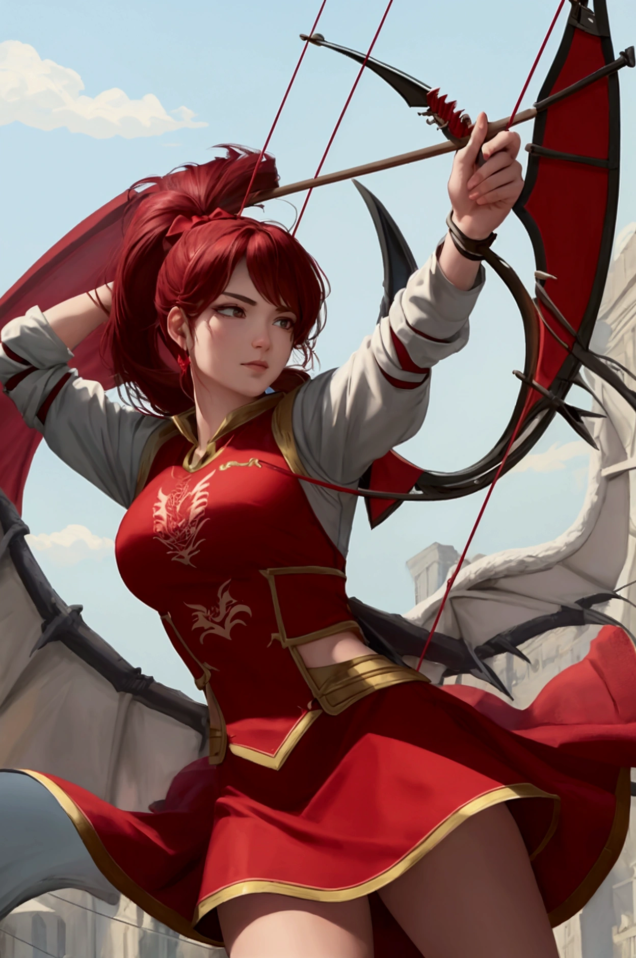 human archer wearing red dragon clothes and bow, company logo Adena highlighted behind