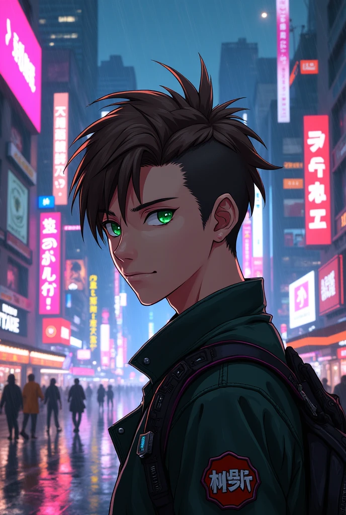 Japanese anime young male with a Cyberpunk 2077 appearance, shaved brown hair on the side and green eyes