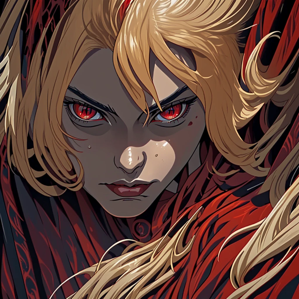 vampyre. A strong and feared warrior. A natural leader. Blonde, medium length hair. Eyes red. Muscular and agile. Black and red clothing with metal armor details