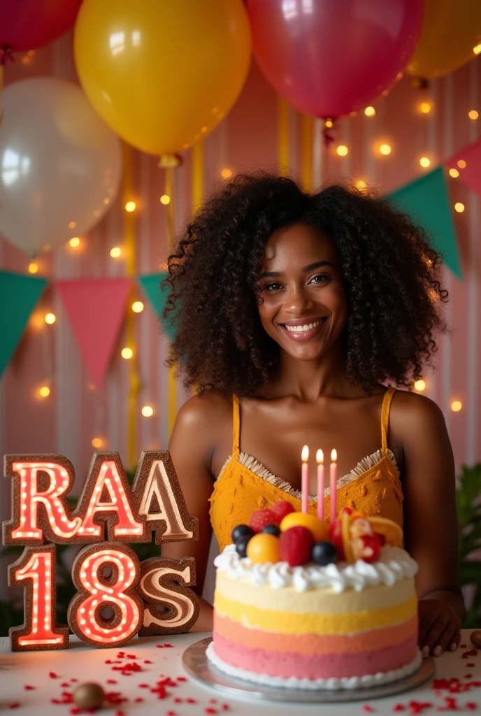 A beautiful mature black girl celebrating her birthday on August 18th next to a sign that reads RAÏSSA with a cake