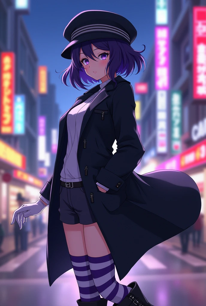 anime girl,Loose and short dark purple hair, purple eyes, black hat with grey stripes,black coat, purple striped socks, boots megras white gloves