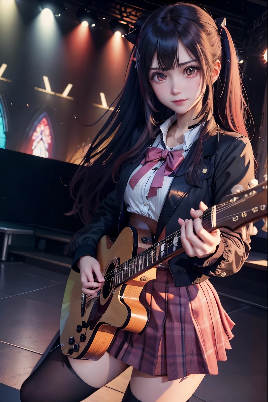 High school girl blazer、uniform、Red checked knee-length skirt、Long skirt、JK Style、Jacket、smile、Knee-high socks、Thigh-high socks、pantyhose、Extremely beautiful、Super cute、ennui、Rare Beauty、Twin tail hair、Dark black eyeshadow、sad、Skin radiance、Long Hair Straightener、Dark Gothic Makeup、Dark Smile、Fragrant beauty、Stained glass background、masterpiece、Highest quality、See 5 books、Sweat glistening on my chest、Sweat glistening on the face、Small breasts、Dark pink hair、22 years old、Slightly slim、Mysterious look、Sad look、Pink Hair、Mysterious Gothic Church、enchanting castle、Excessive sweating all over the body、Thighsに大量の汗と光、光沢のあるThighs、Thighs、Thighsに大量の汗が光る、sweat profusely、Gal、Small breasts、Japanese face、Captivating look、細いThighs、play the guitar、I have a guitar、Enthusiastic singing、バンドでplay the guitar、Playing guitar chords、Background of the live music venue、Sing a song、Open your mouth、Scenery of a live music venue、Mike stand、Glamorous live stage、Dynamic Angles、Vivid straight long hair、
