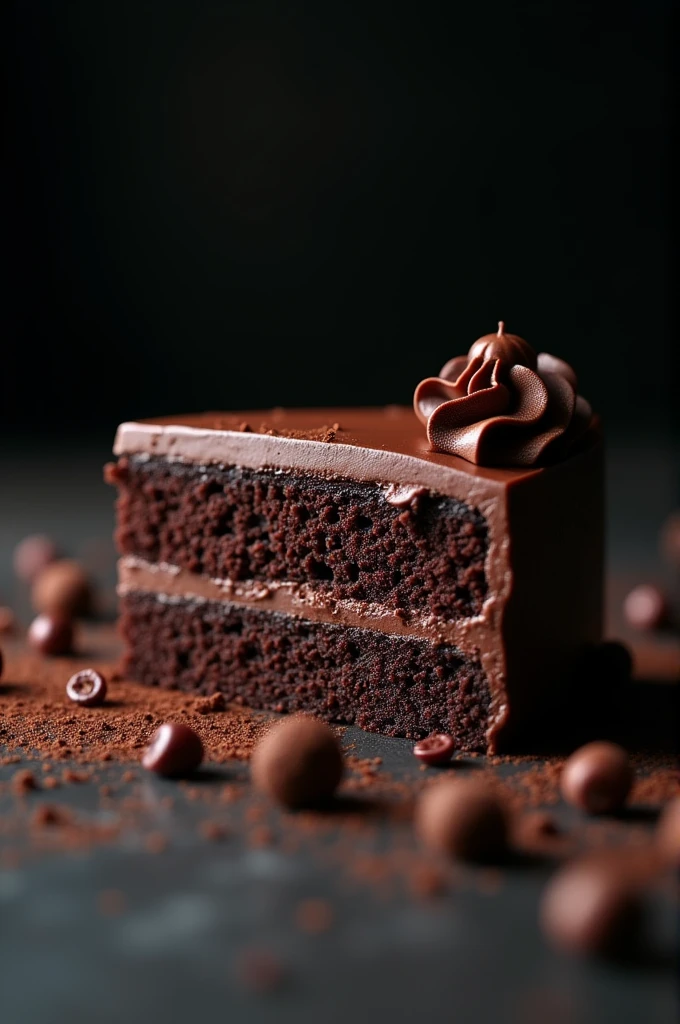 cinematic film still chocolate, chocolate cake, dark background, quality photo, moist texture, frosting, studio photo, slice . shallow depth of field, vignette, highly detailed, high budget, bokeh, cinemascope, moody, epic, gorgeous, film grain, grainy