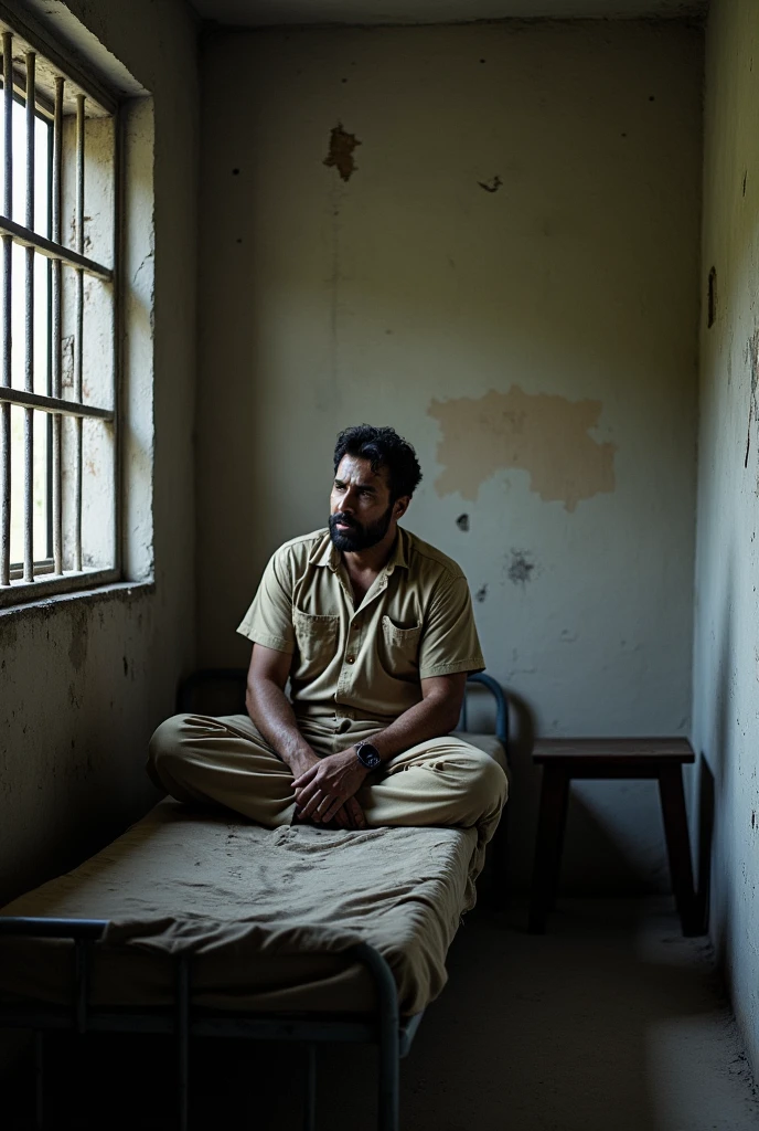 Imran Khan in a prison cell, wearing a prison uniform, looking contemplative. The cell is dimly lit with basic furnishings, including a small bed and a barred window."