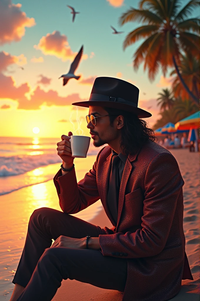 Image of Michael Jackson on a beach drinking coffee