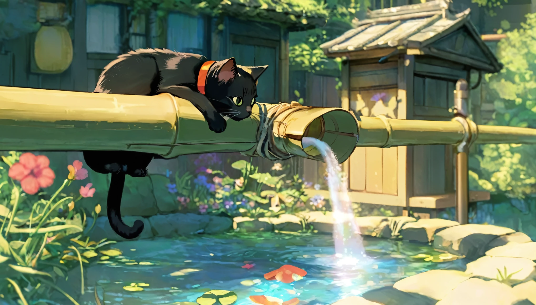 There is a cat sitting on a pipe by the pond.。, Cute and detailed digital art, Beautiful Wallpapers, High Quality Wallpapers, Relaxing concept art, Cute cat anime visuals, Cute and detailed artwork, anime art wallpaper 4k, anime art wallpaper 4k, Awesome Wallpapers, Anime Art Wallpapers 8K, Anime Background Art, Adorable digital painting,Ghibli