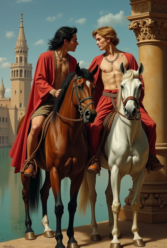 baroque painting+muslim_art fullbody portrait, an arabian prince, cinnamon skin green eyes, wavy black hair, thin face, slender toned body, body hair, beautiful face, next to a young viking, blond, blue eyes, muscular beautiful face, strong, masculine perfect proportions, white skin innocent look, both men looking each other smiling and riding horses by the guadalquivir river dynamic movement composition in the background el Real Alcazar de Sevilla, b painting+muslim_art fullbody portrait, an arabian prince, cinnamon skin green eyes, wavy black hair, thin face, perfect detailedd feet, slender toned body, body hair, beautiful face, shirtless, pantless, barefoot,  next to a young viking, blond, blue eyes, muscular beautiful face, strong, masculine perfect proportions, white skin innocent look, both men looking each other smiling standing and kissing wearing shorts in a medieval arab deco room large windows to see the La Giralda in Sevilla
